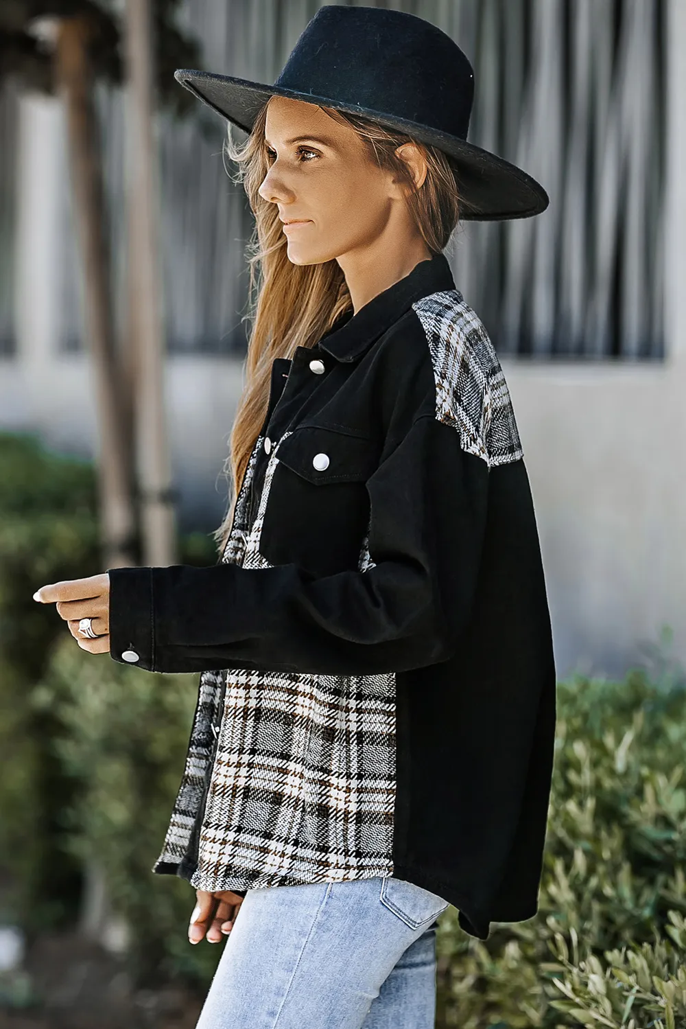 Plaid Pocketed Button Up Denim Jacket, image 3