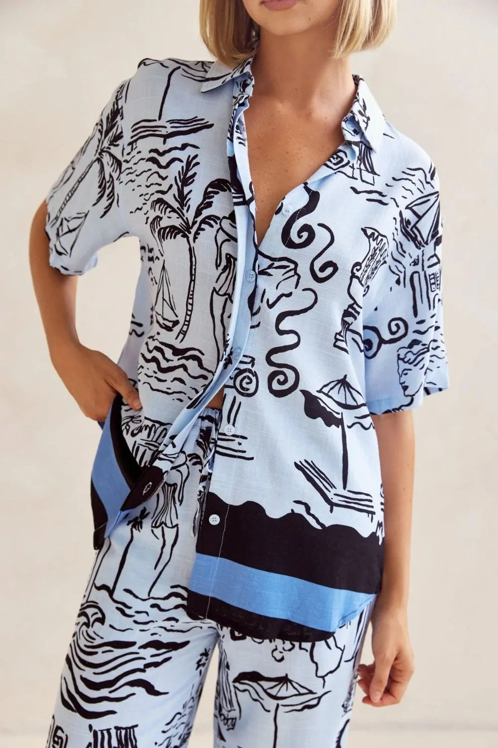 Printed Button Up Shirt and Pants Set Plus Size, image 2