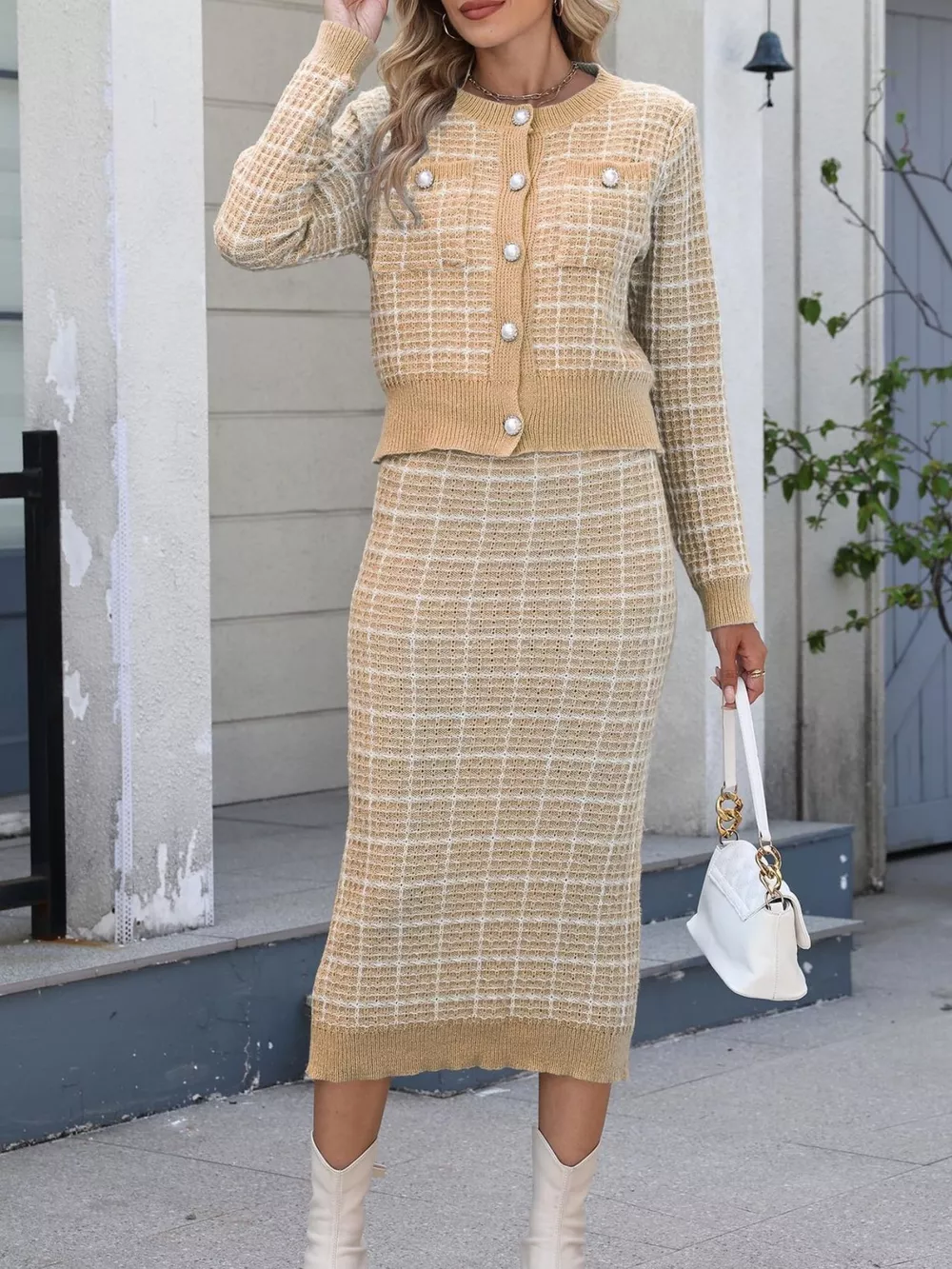 Plaid Knit Cardigan and Midi Skirt Sweater Set, image 13