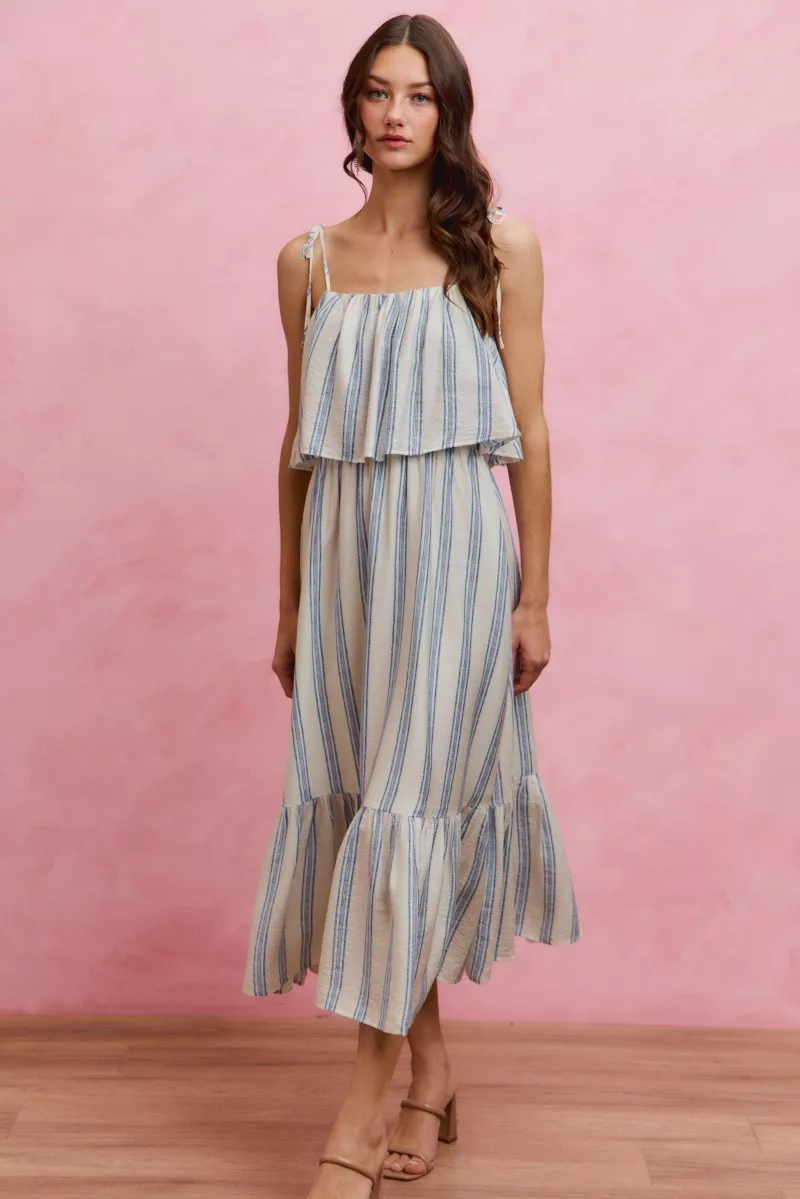 Stripe Tiered Shoulder Tie Midi Lined Dress, image 14
