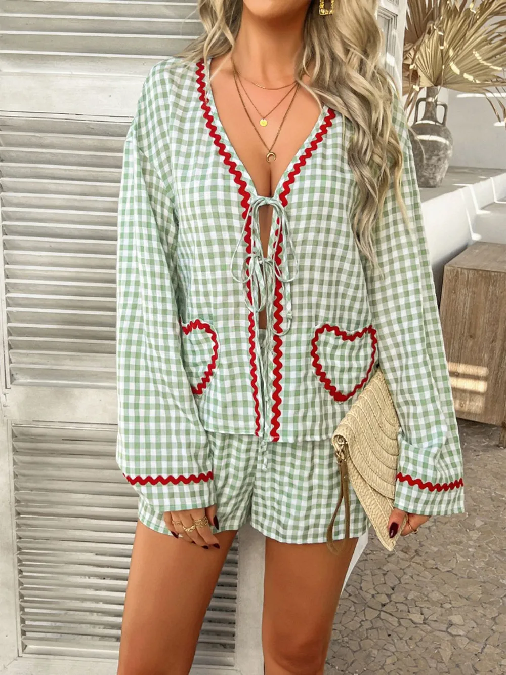 Tie Front Contrast Plaid Shirt and Shorts Set, image 7