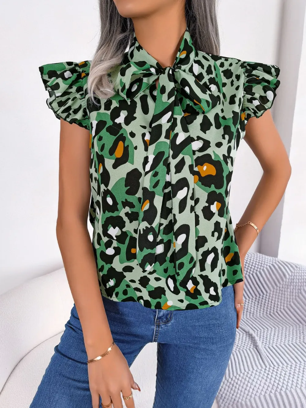 Leopard Tie Neck Cap Sleeve Blouse, image 5