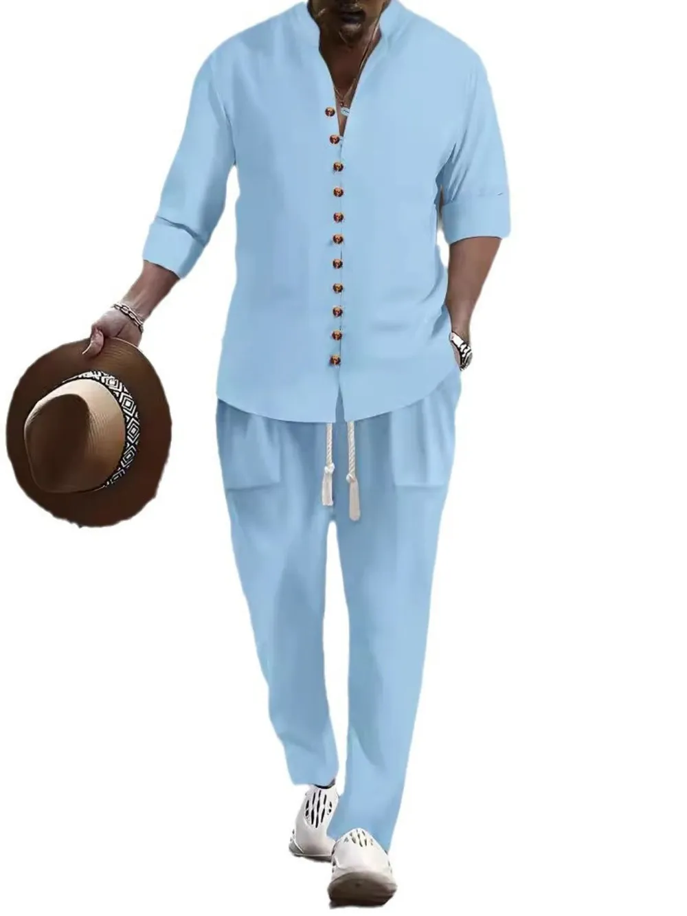 Men's Button Front Long Sleeve Shirt and Pants Set, image 2
