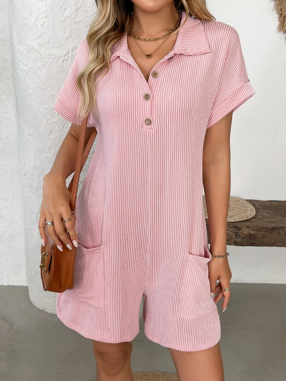 Button Detail Collared Neck Short Sleeve Romper, image 6