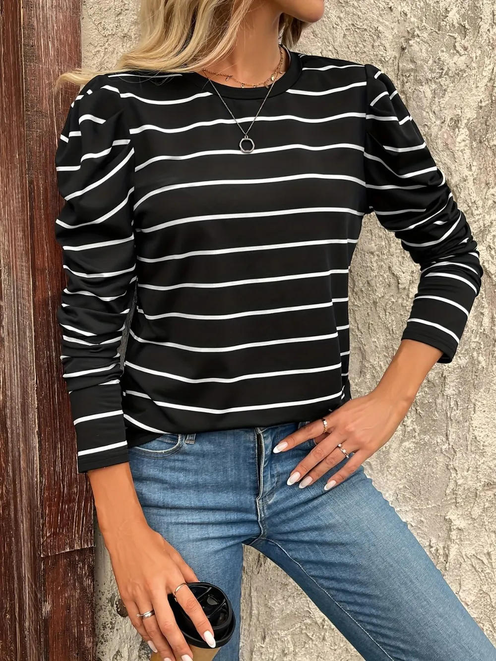 Full Size Striped Round Neck Puff Sleeve T-Shirt, image 6