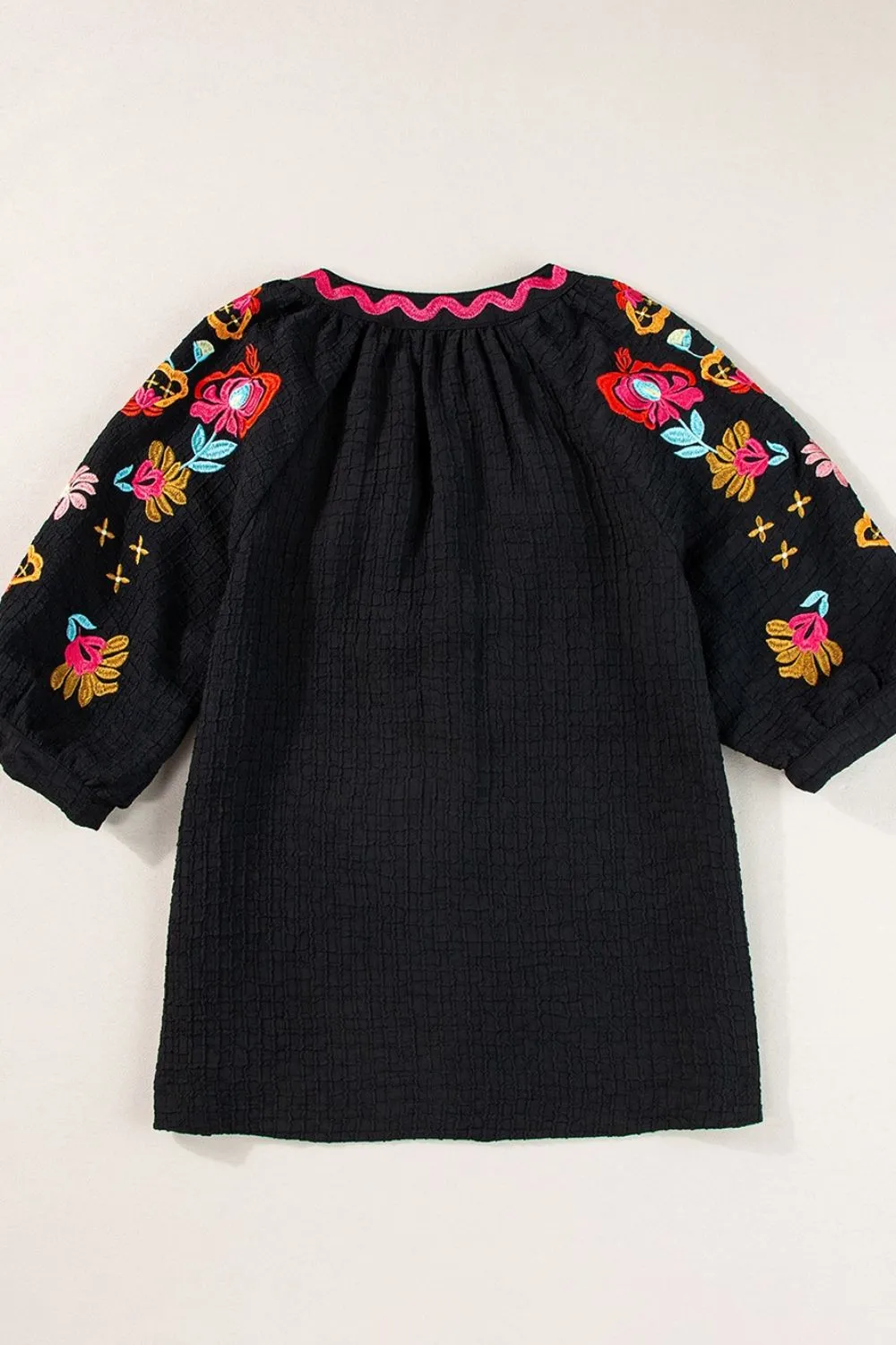 Floral Embroidered Notched Puff Sleeve Blouse, image 5