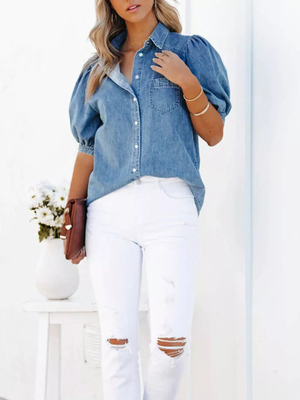 Puff Sleeve Button-Down Denim Top, image 3