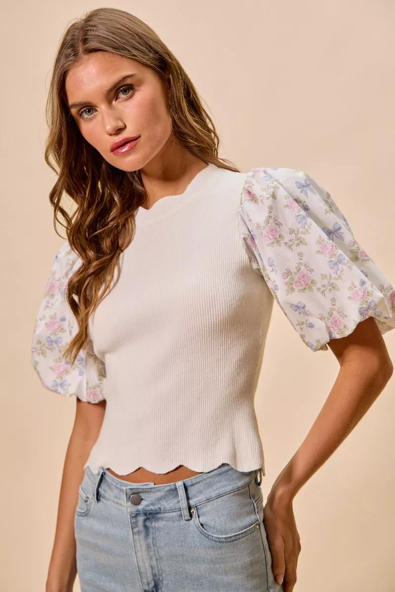 Floral Cotton Contrast Sleeves Scallop Sweater Top, image 12