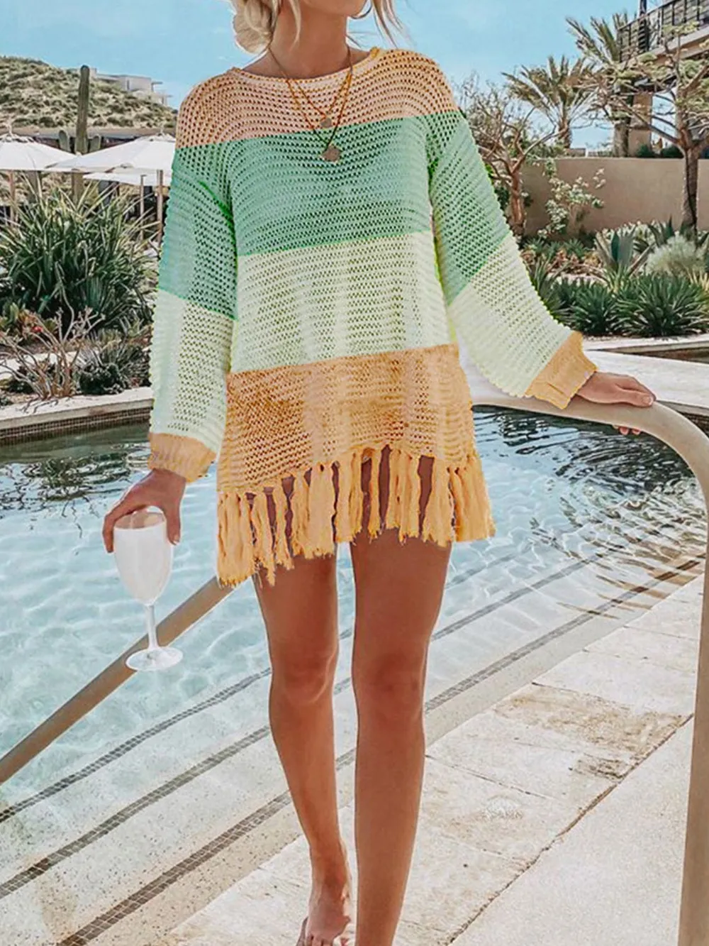 Openwork Tassel Hem Long Sleeve Knit Cover Up, image 7
