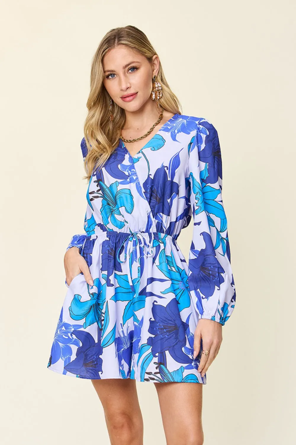 Full Size Floral Long Sleeve Romper with Pockets, image 5