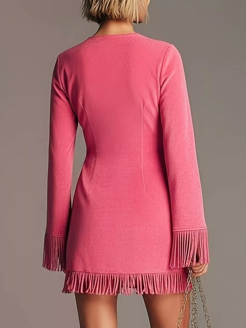 Boho Chic Fringed Suede V-Neck Mini Dress, image 4