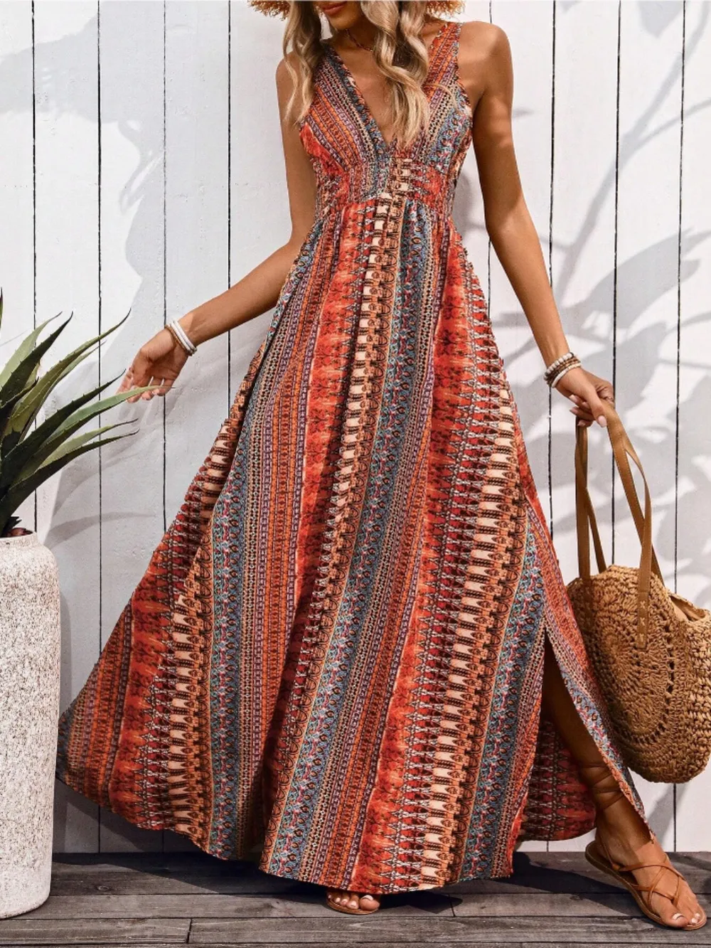 Tied Back Printed Sleeveless Maxi Slit Dress