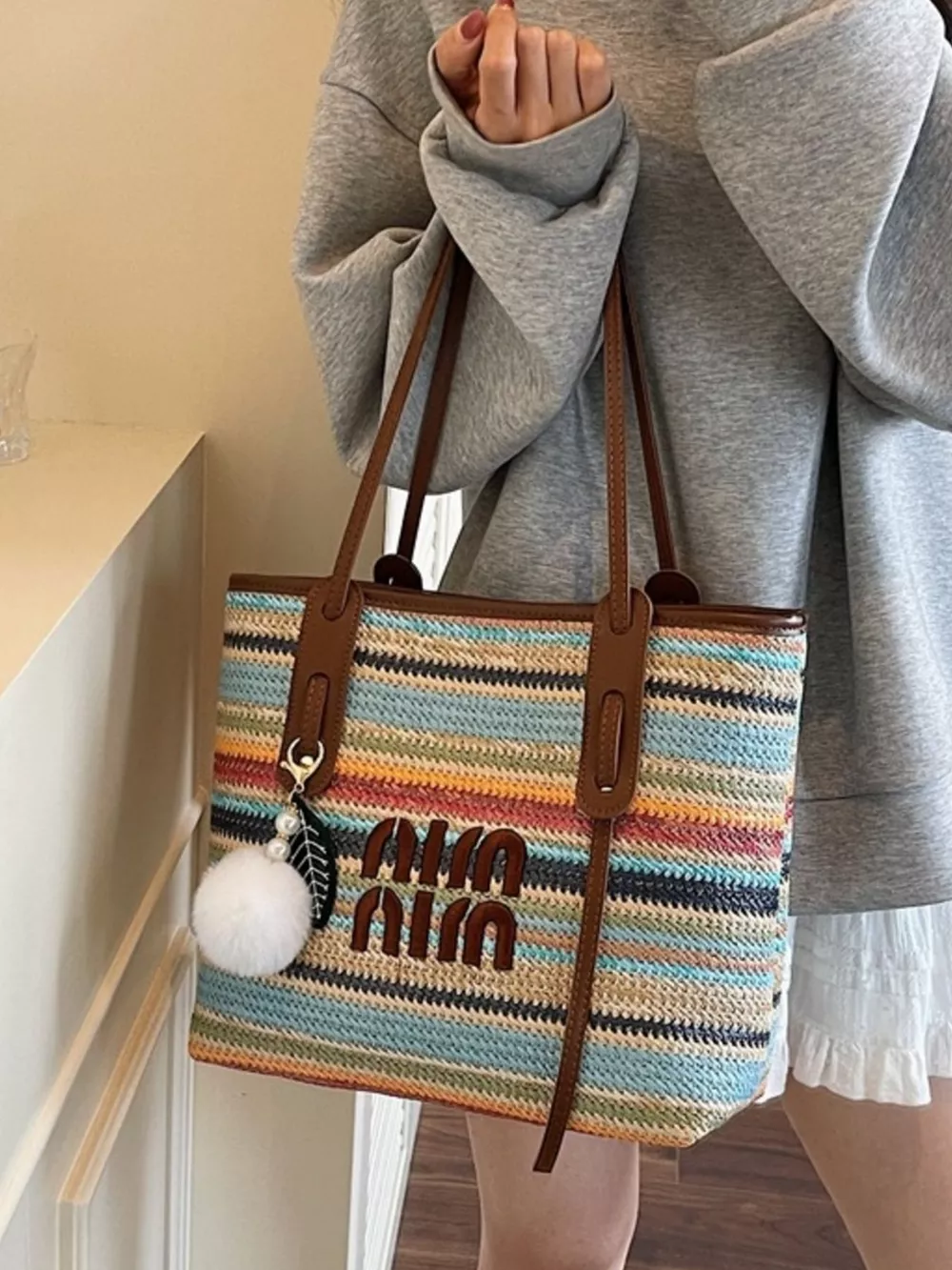 Striped Woven Shoulder Bag, image 3