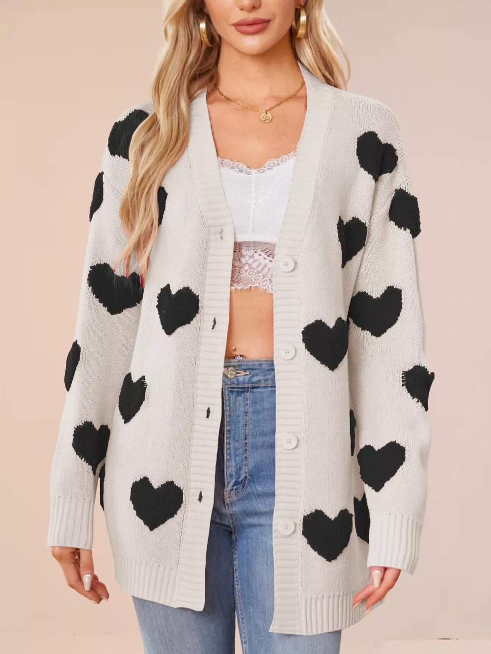 Heart Pattern Knit Button-Up Cardigan, image 17