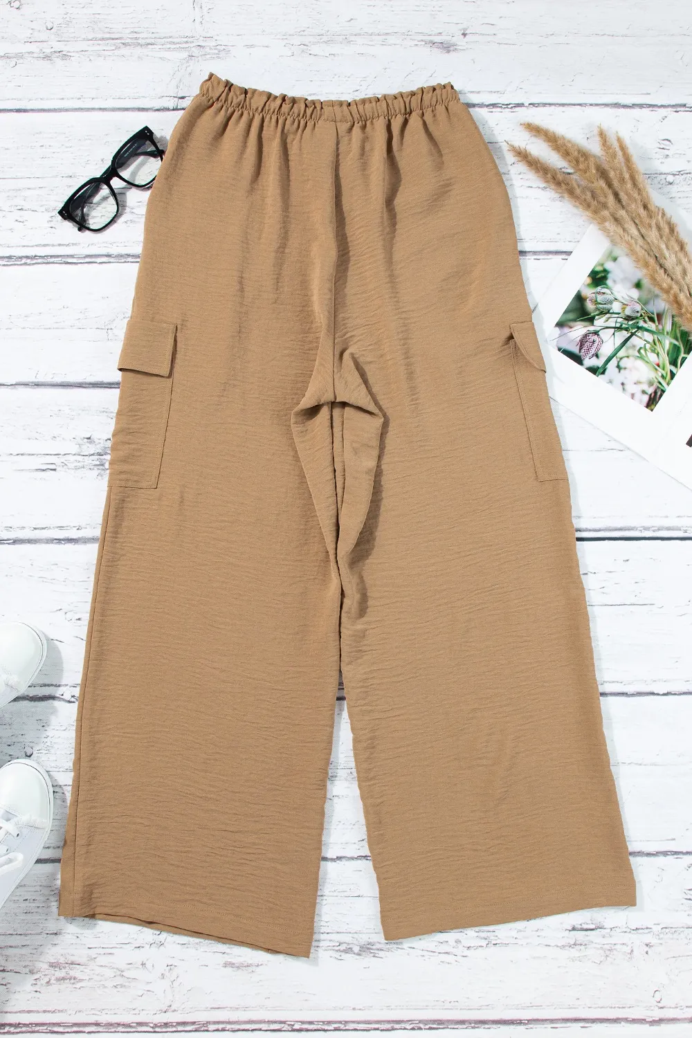 Drawstring Frilled Waist Wide Leg Utility Trousers, image 8