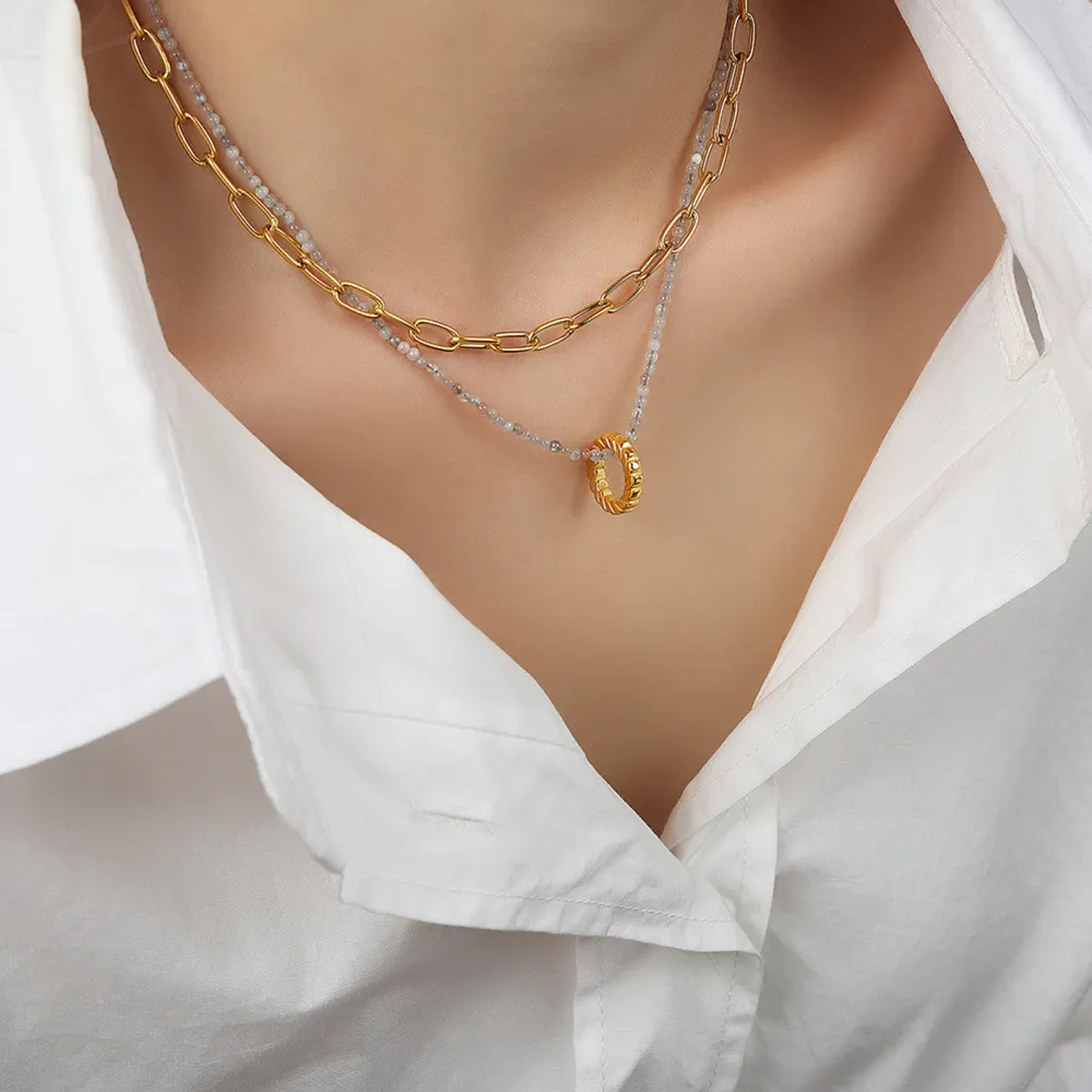 Beaded Double-Layered Titanium Steel Necklace, image 4