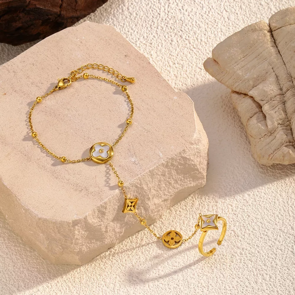 18K Gold-Plated Clover Charm Hand Chain Bracelet, image 4
