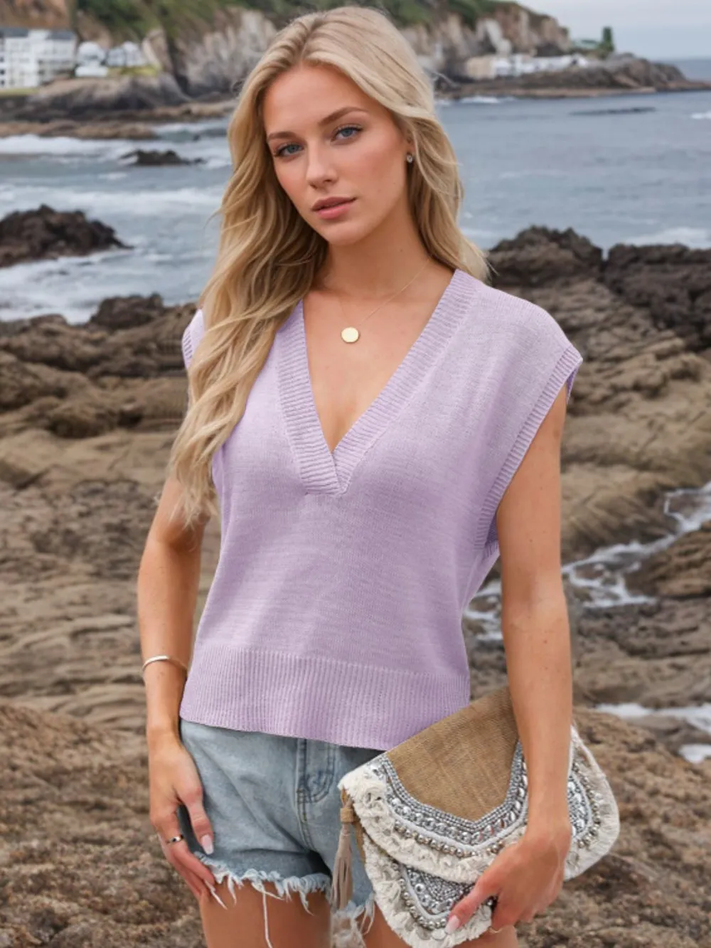 Ribbed Hem V-Neck Sweater Vest, image 20