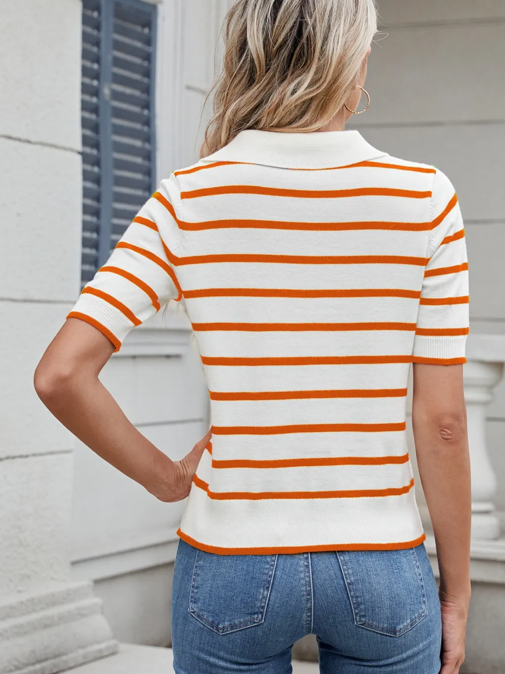 Striped Johnny Collar Short Sleeve Sweater, image 4