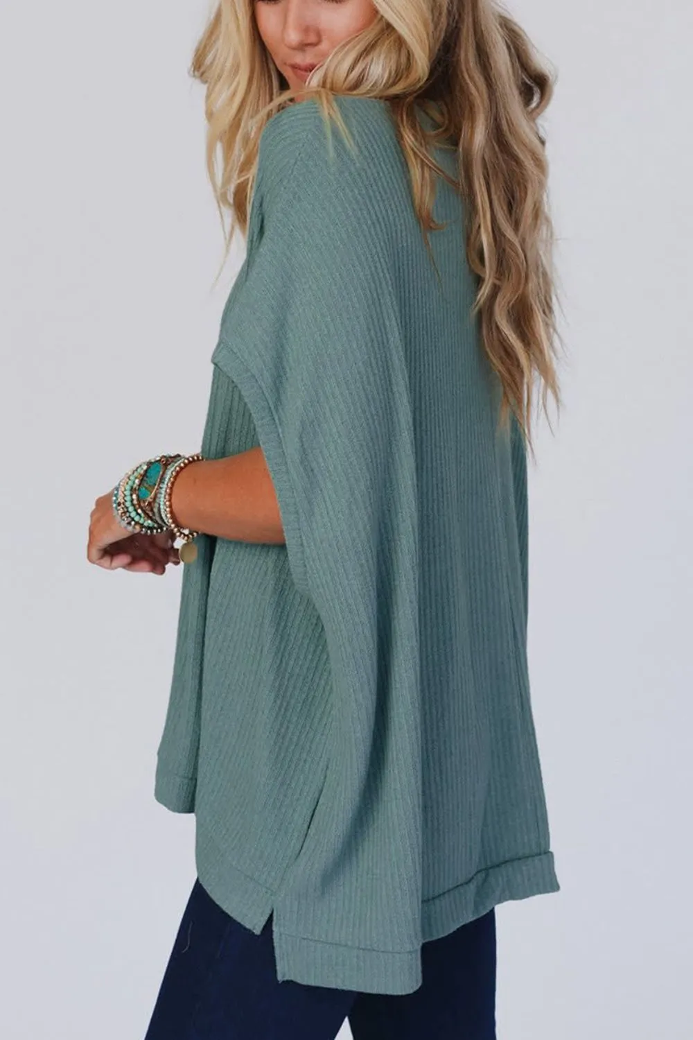 Oversized Ribbed Knit V Neck Dolman Short Sleeve Top, image 5