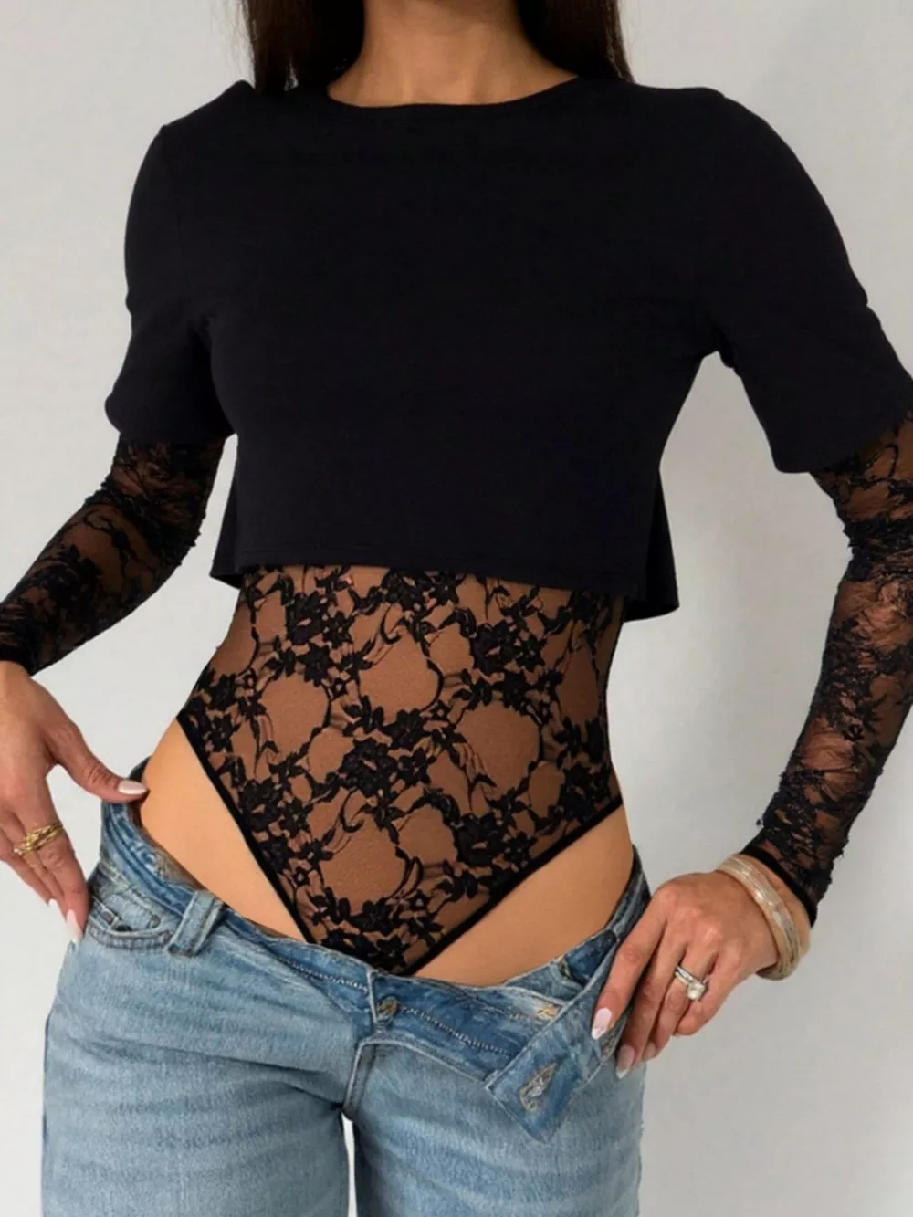 Lace Patchwork Round Neck Bodysuit, image 6