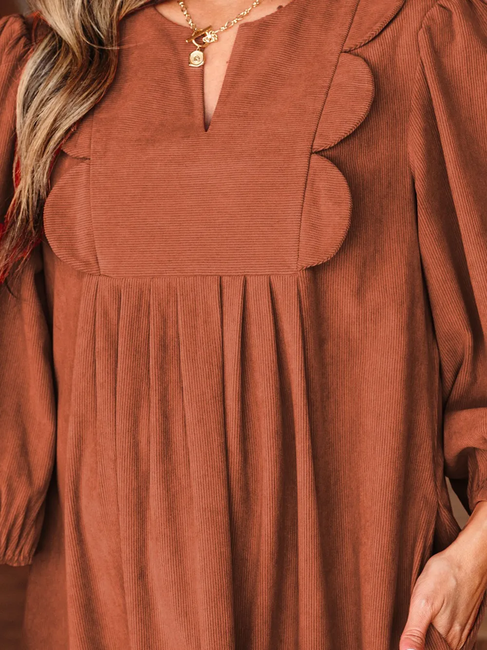 Split Neck Scallop Detail Corduroy Mini Dress, image 2