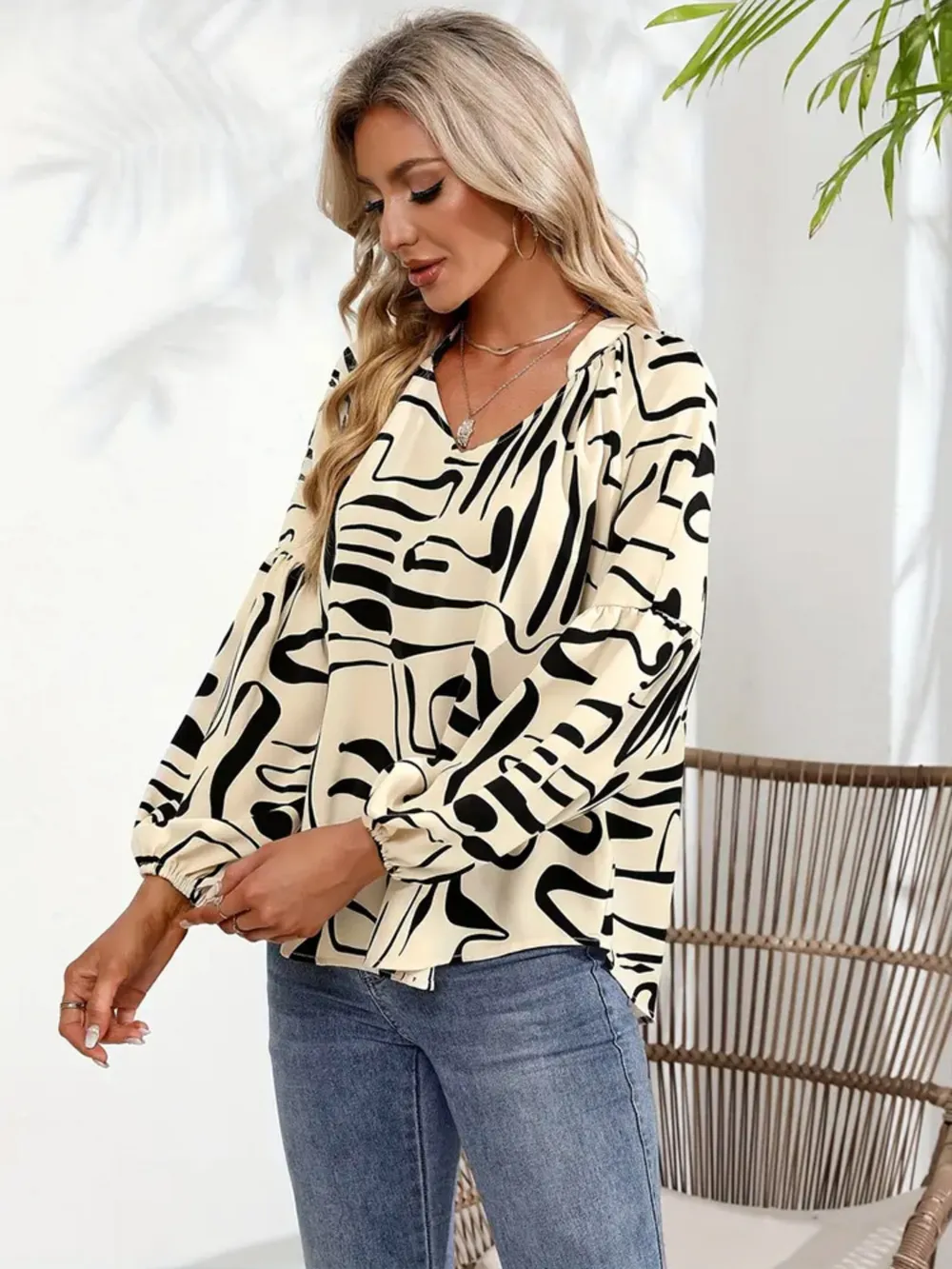 Printed Notched Long Sleeve Blouse, image 6