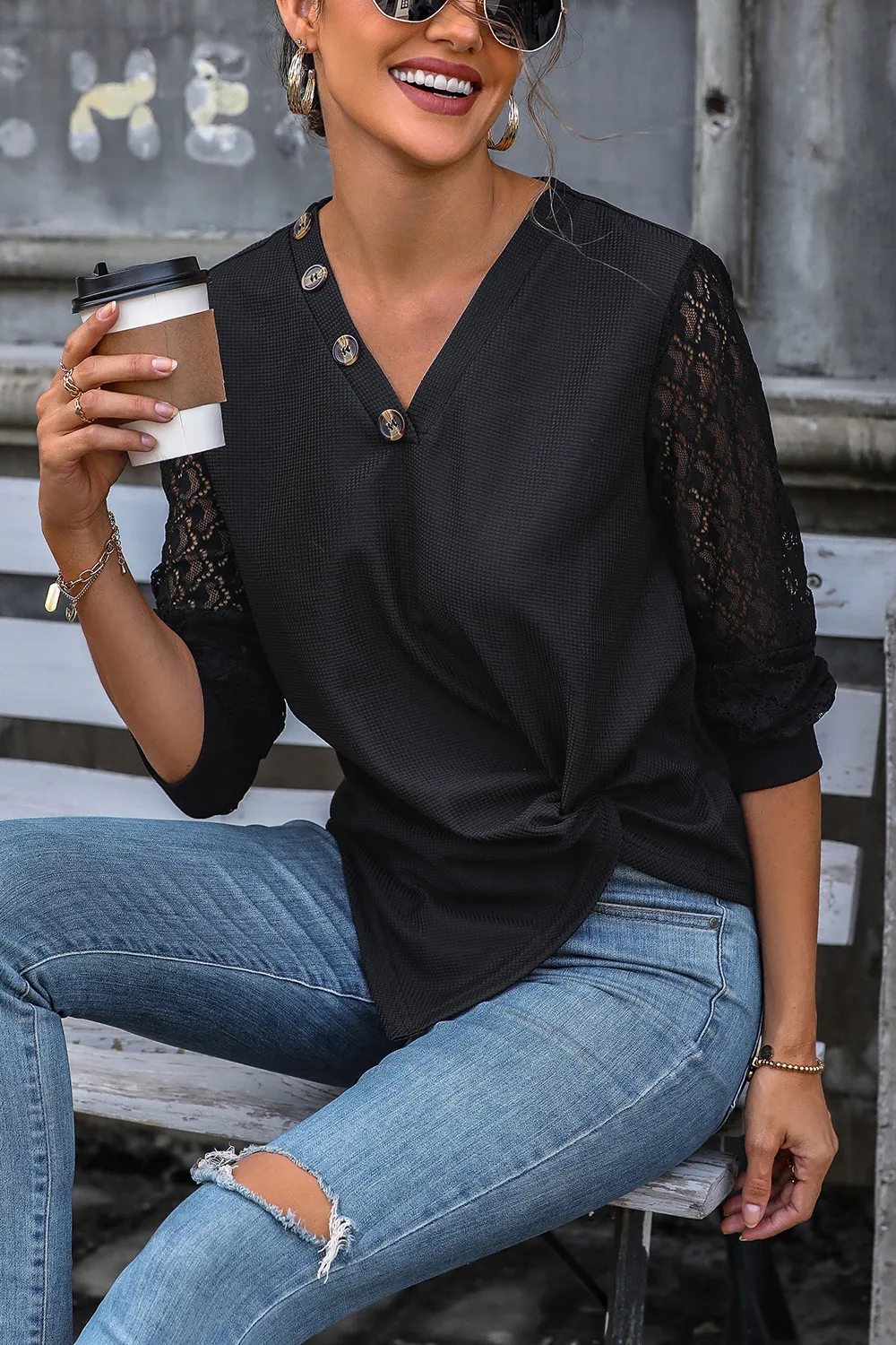 Twisted Decorative Button Long Sleeve T-Shirt, image 4