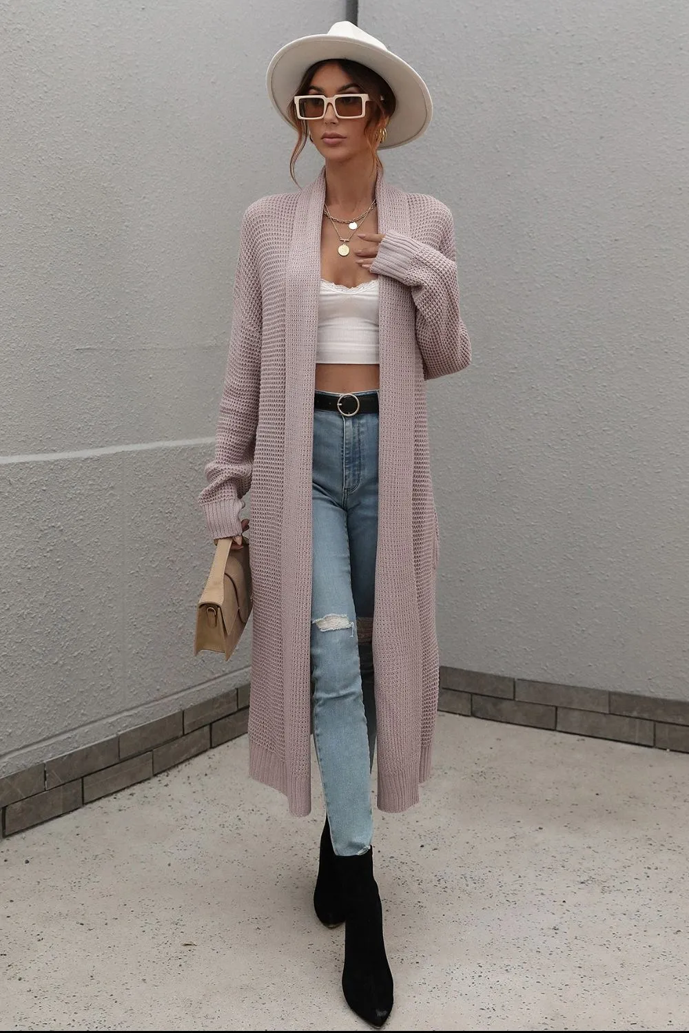 Waffle Knit Open Front Duster Cardigan With Pockets, image 9