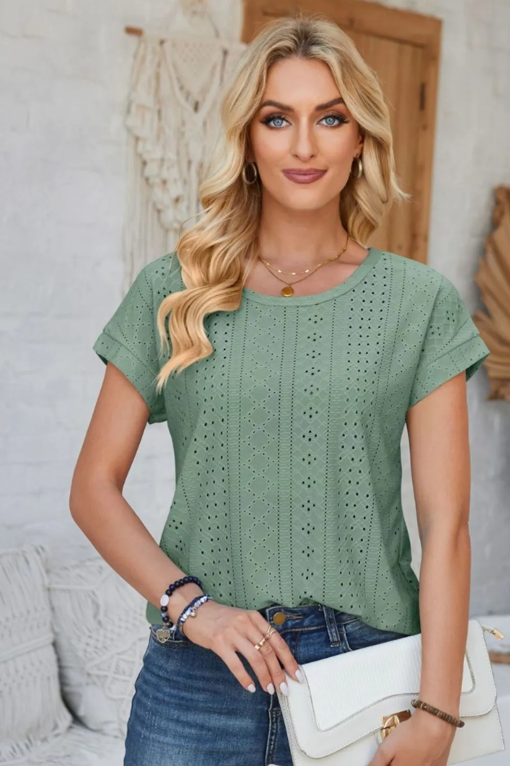 Eyelet Round Neck Rolled Short Sleeve T-Shirt, image 27