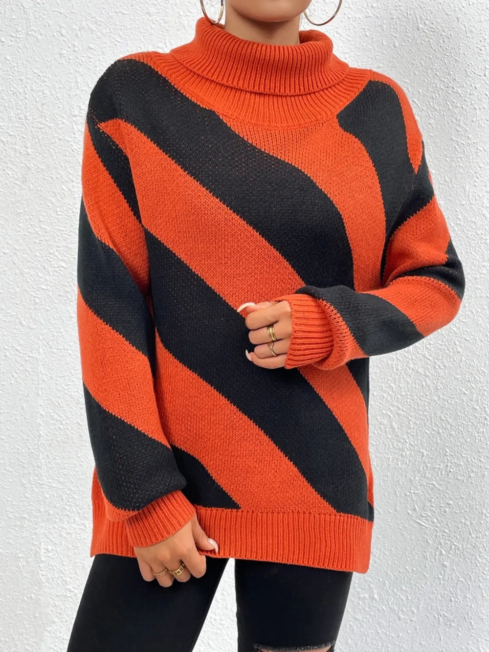 Striped Turtleneck Dropped Shoulder Sweater, image 4