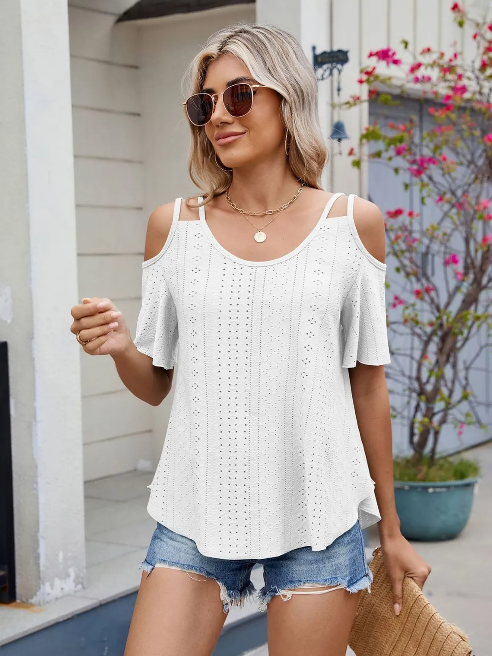 Round Neck Cold Shoulder Eyelet T-Shirt, image 6