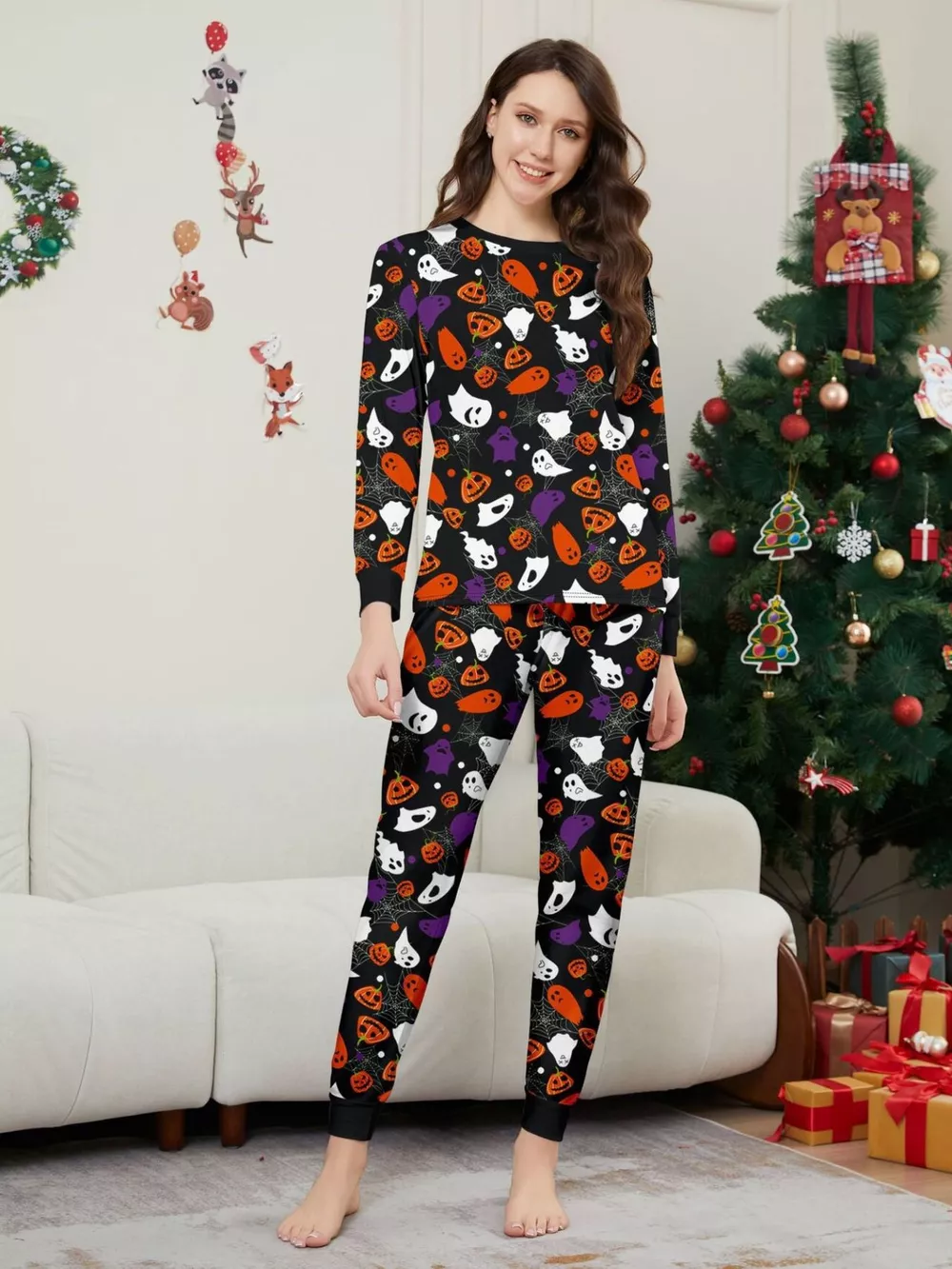 Full Size Halloween Themed Family Matching Pajama Set with Ghost and Pumpkin Print Plus Size, image 3
