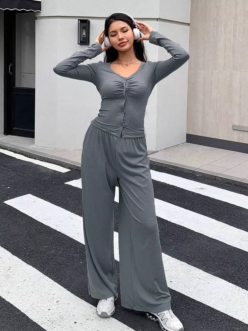 Button-Down Top & Wide Leg Pants Set, image 2