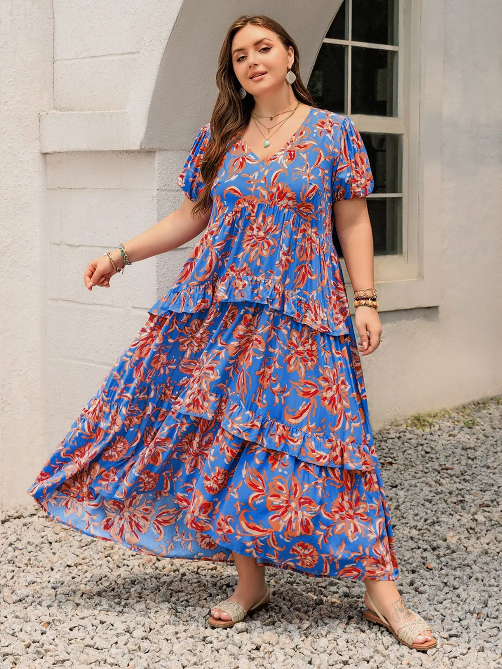 Plus Size Ruffled Printed V-Neck Short Sleeve Maxi Dress, image 4