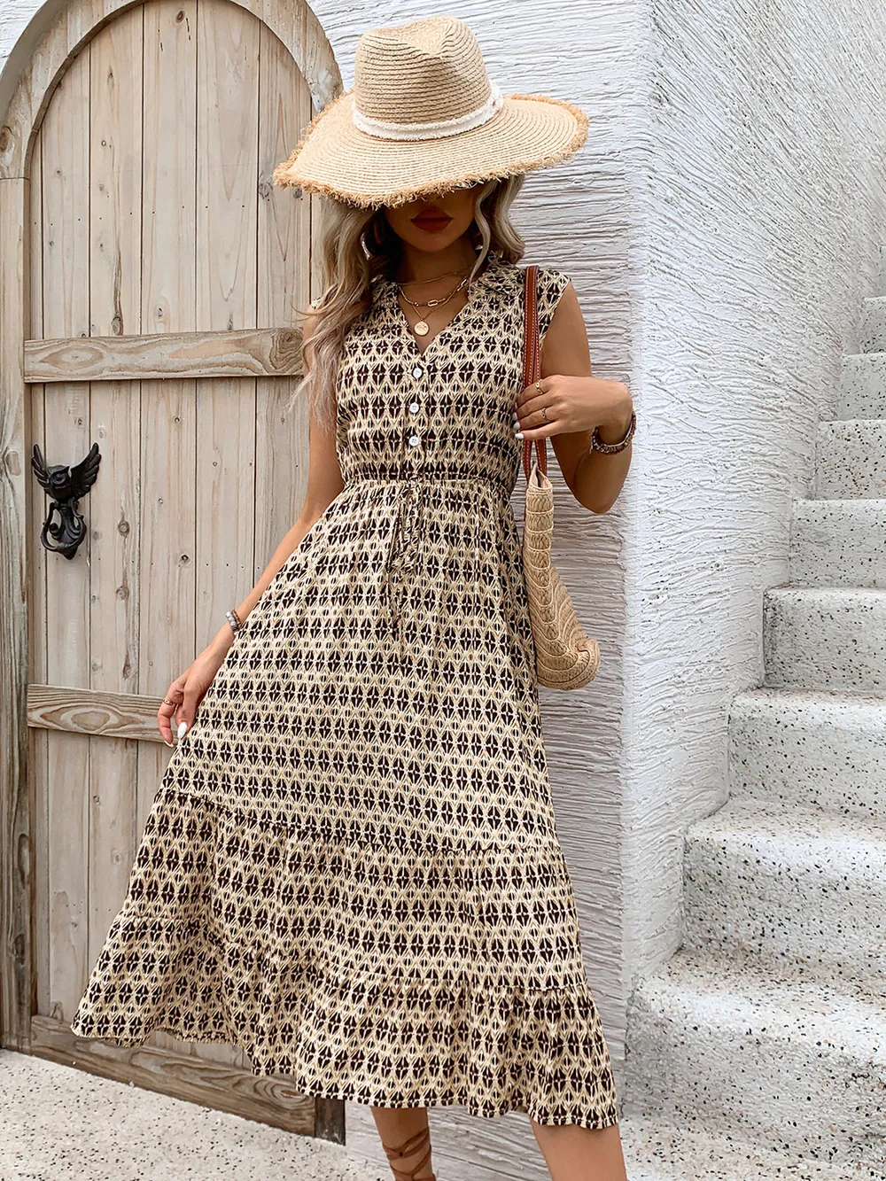 Printed Johnny Collar Midi Dress, image 3