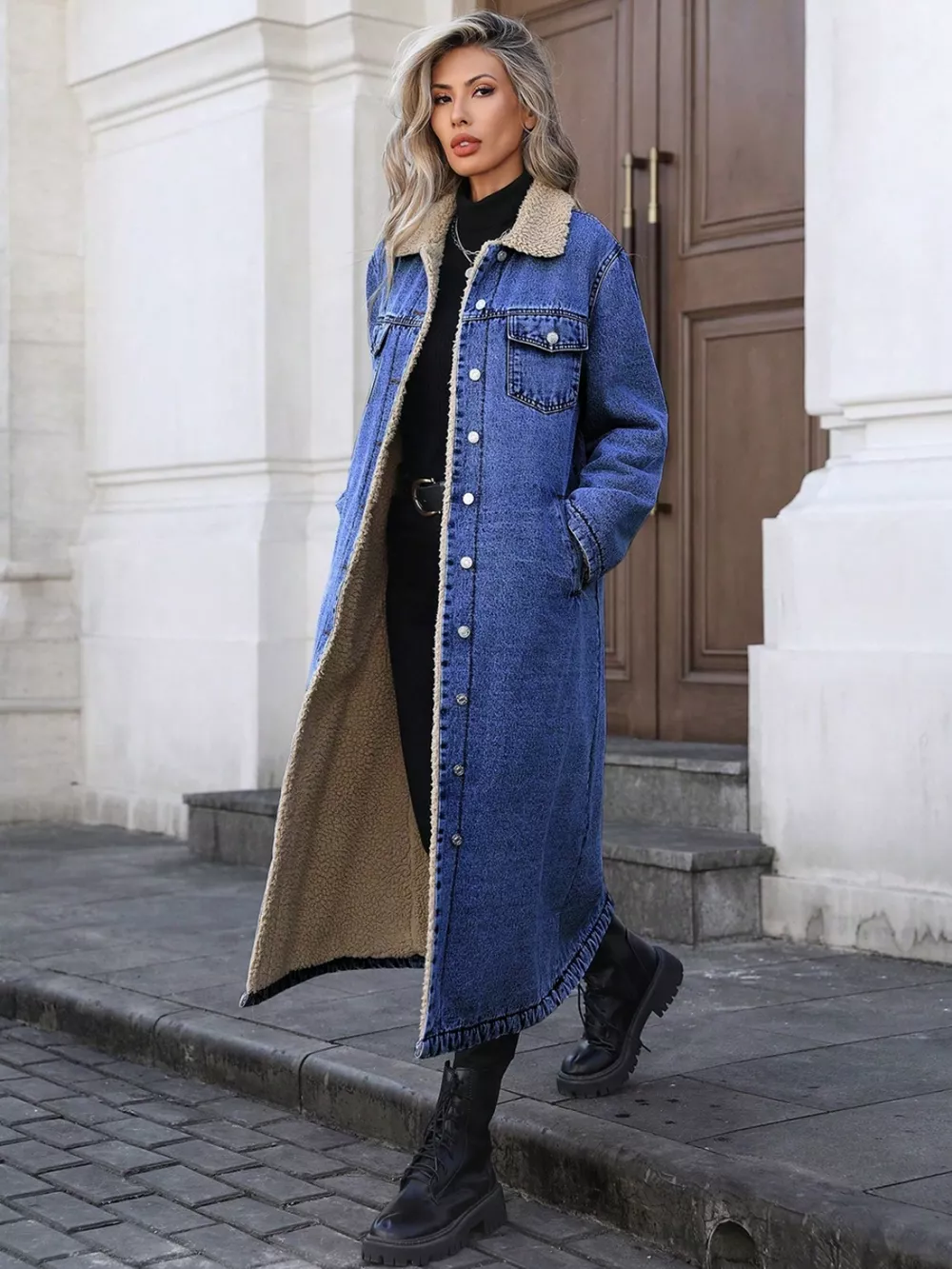 Sherpa Lined Longline Denim Jacket, image 4