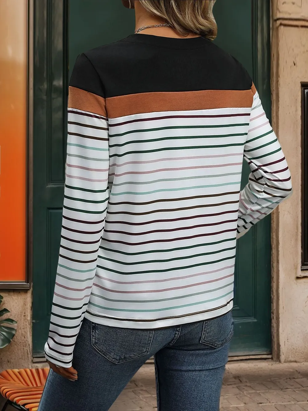 Striped Round Neck Long Sleeve T-Shirt, image 2