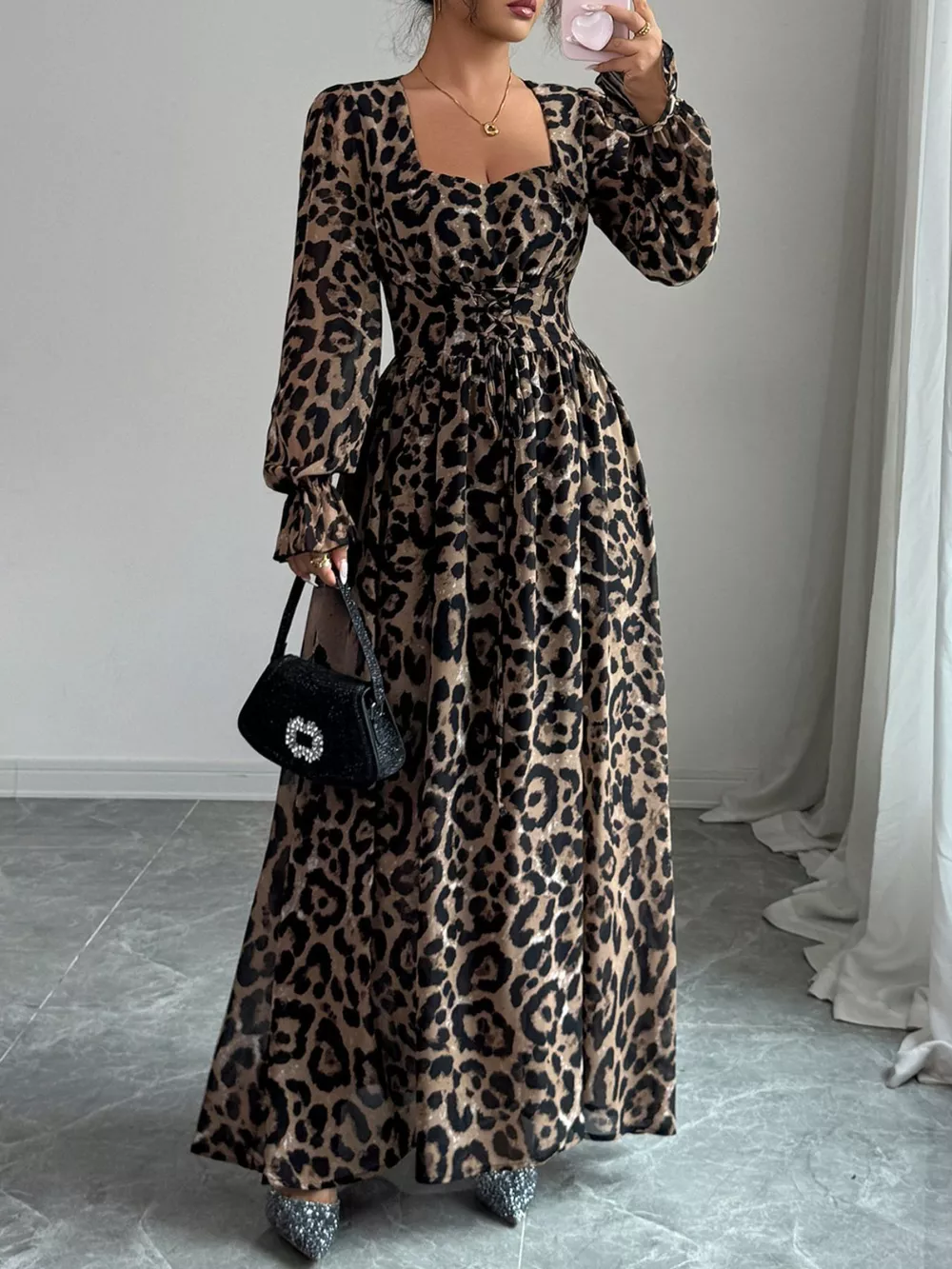 Leopard Sweetheart Neck Flounce Sleeve Maxi Dress, image 3