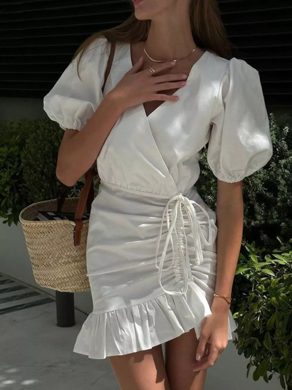 Ruffled Hem Ruched Puff Sleeve Mini Dress, image 3