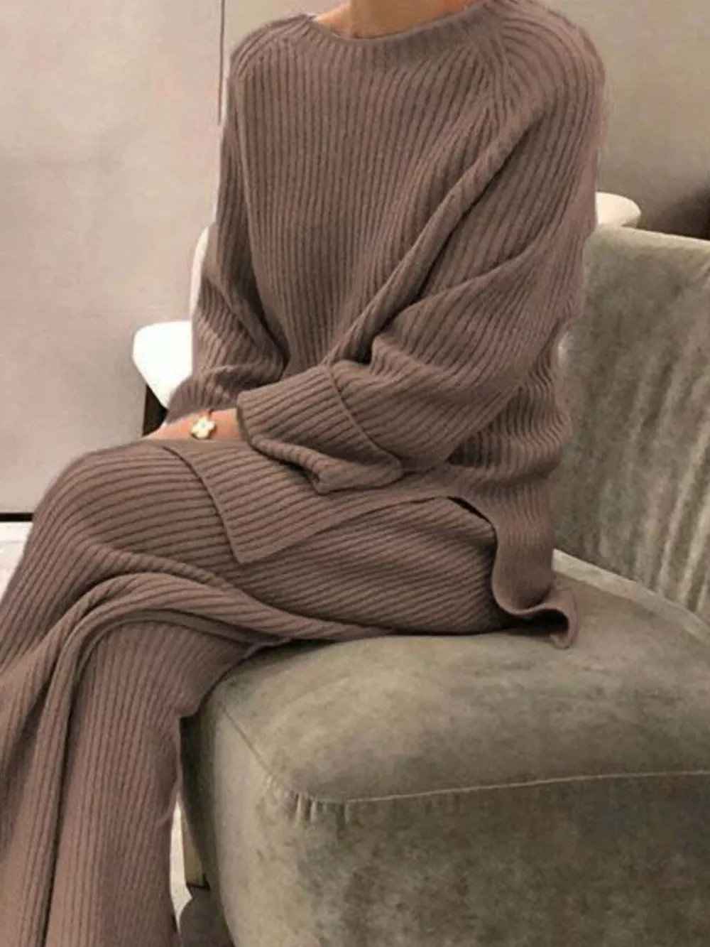 Full Size Ribbed Knit Relaxed Fit Top and Pants Sweater Set Plus Size, image 17