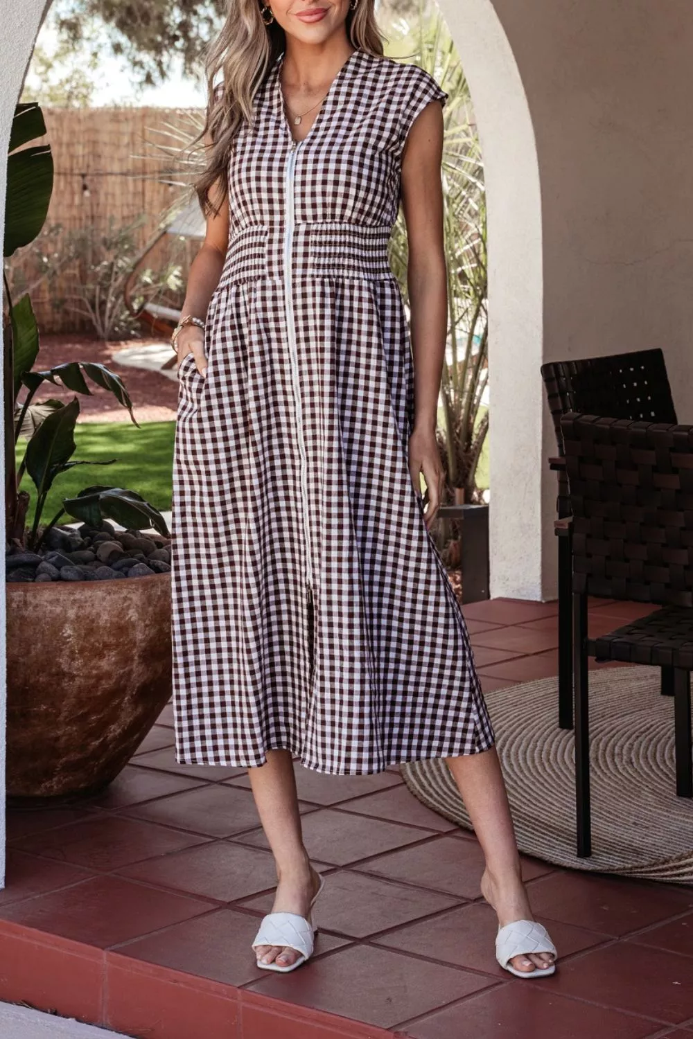 Gingham Zip-Front Midi Dress, image 4