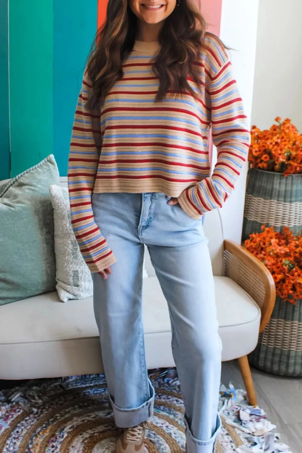 Striped Long Sleeve Round Neck Sweater, image 3