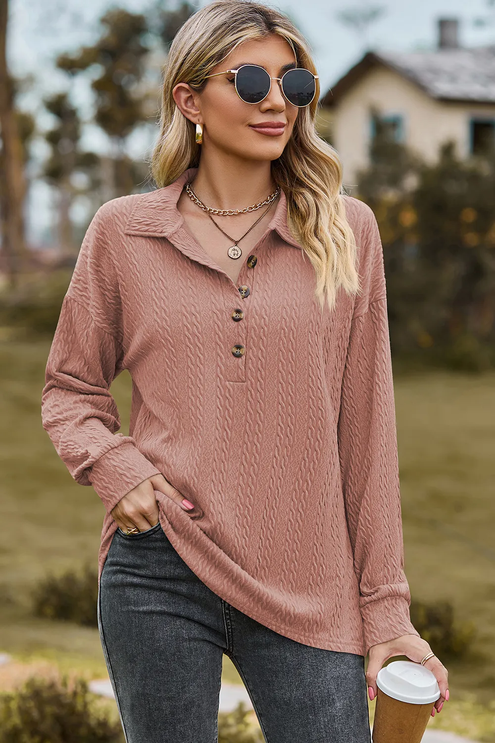 Half Button Dropped Shoulder Blouse, image 13