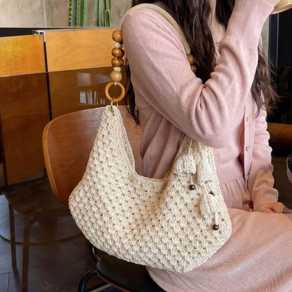 Crochet Knit Beaded Strap Shoulder Bag, image 2