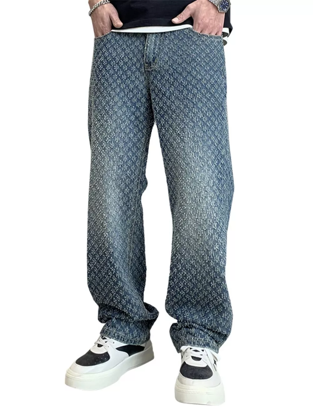 Men's Textured Pattern Relaxed Fit Jeans, image 8