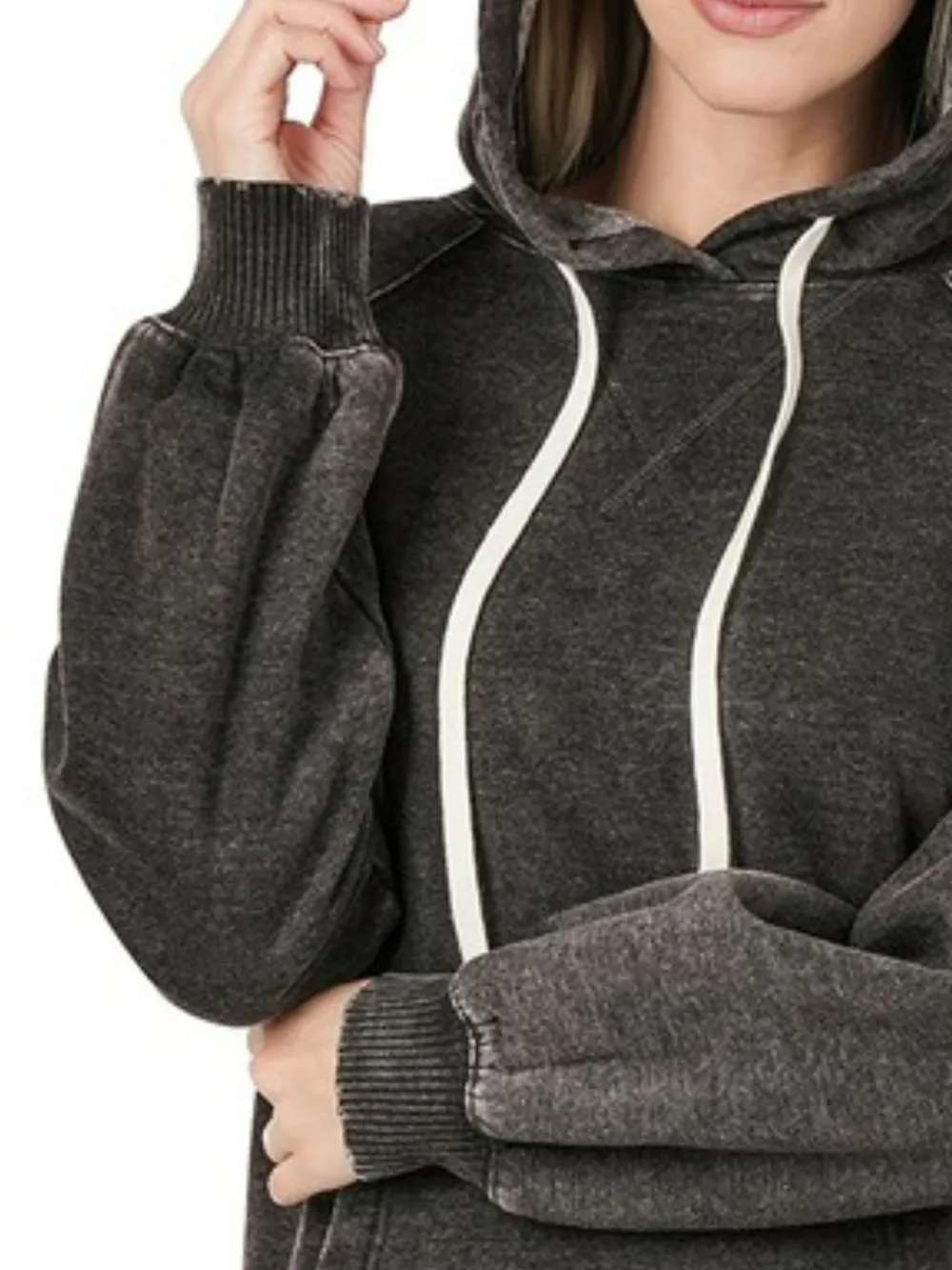 Acid Wash Fleece Hoodie with Drawstring, image 3