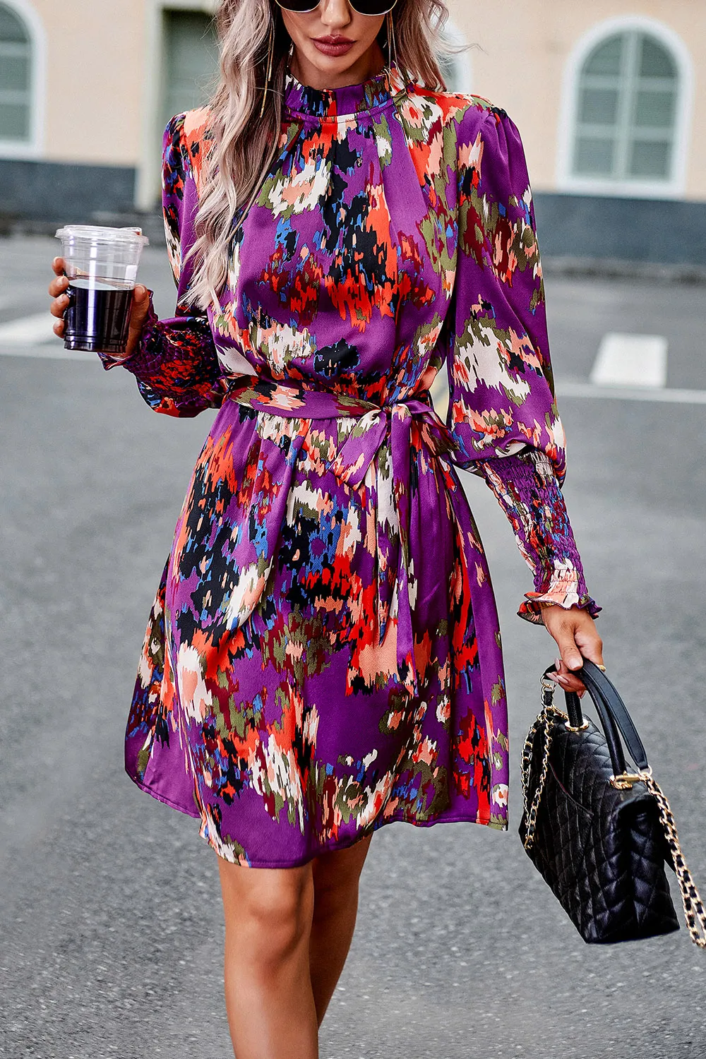 Printed Tie Waist Mock Neck Lantern Sleeve Dress, image 5