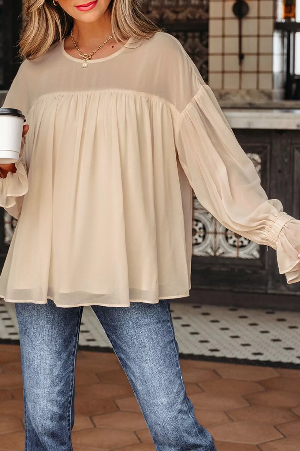 Round Neck Ruffle Sleeve Blouse, image 4