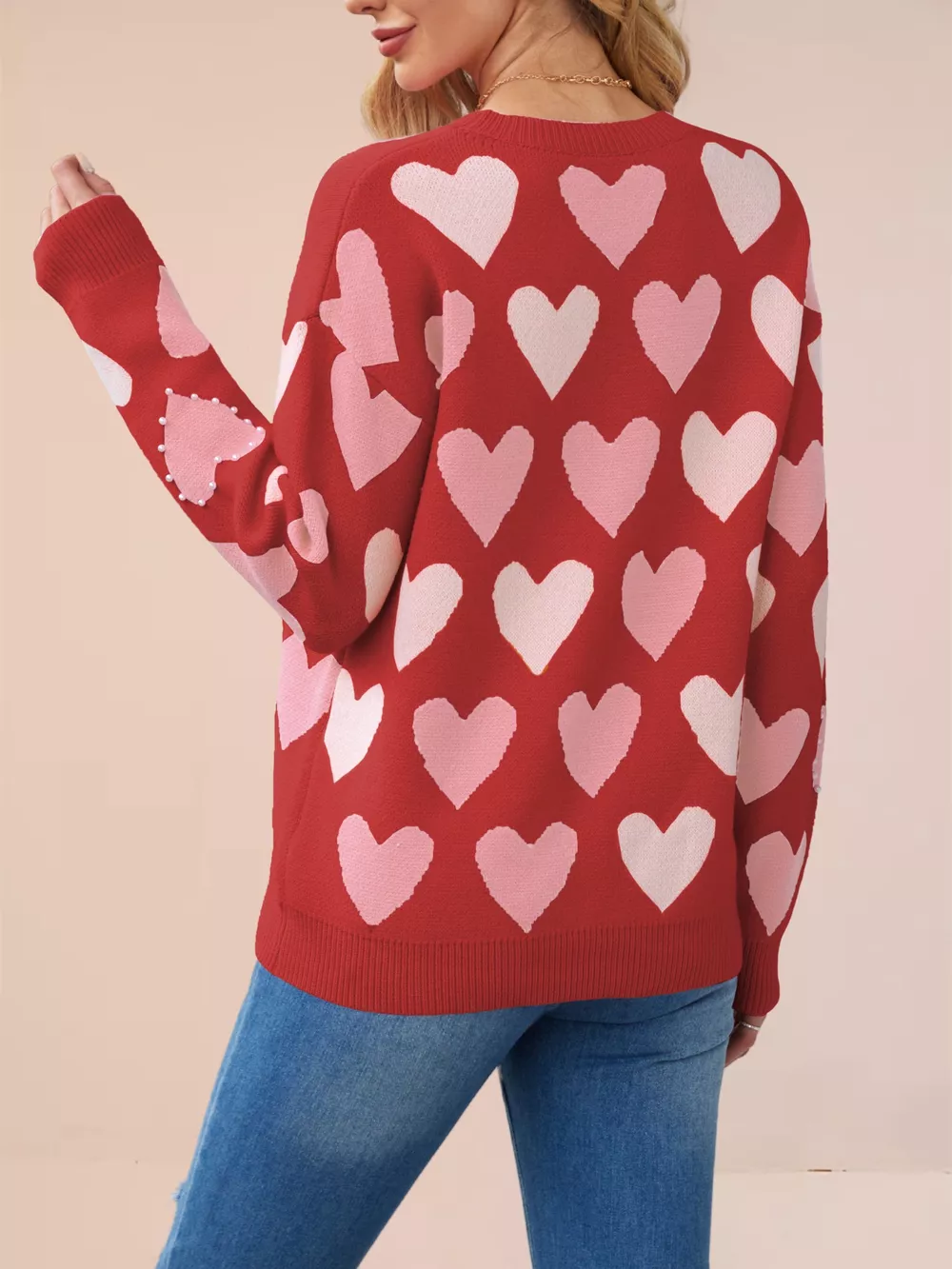 Heart Pattern Beaded Round Neck Sweater, image 17